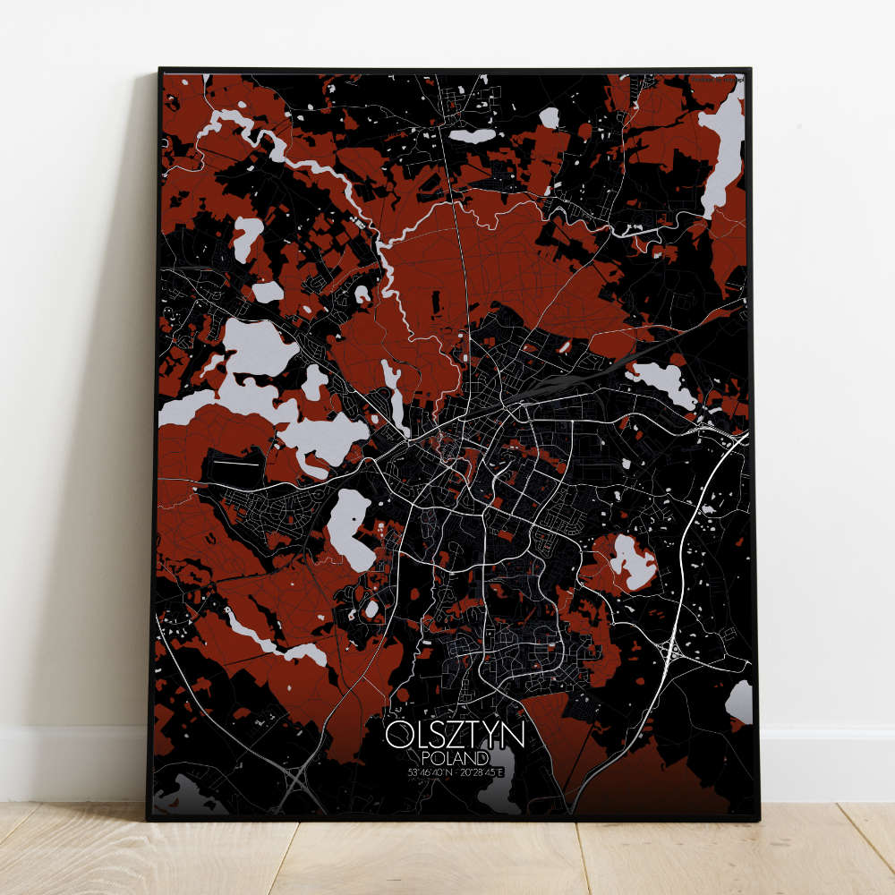 Mapospheres Olsztyn Red dark full page design poster city map