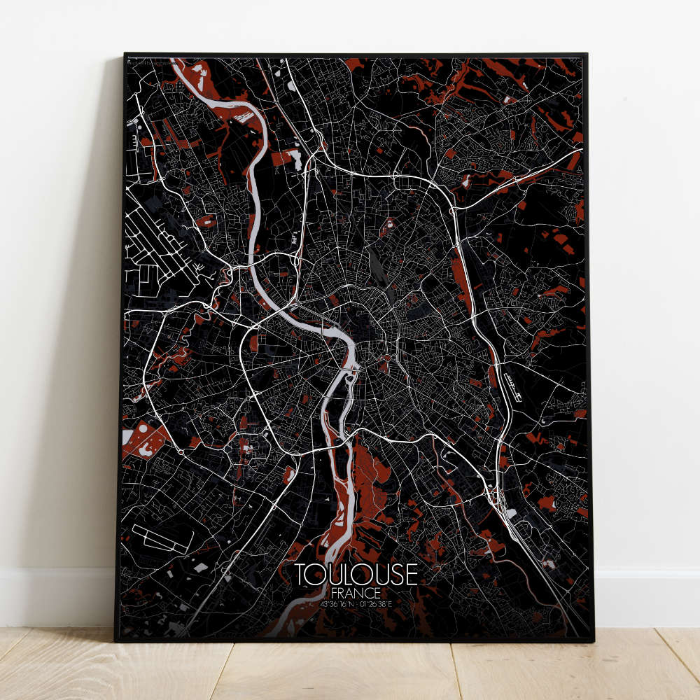 Mapospheres Toulouse Red dark full page design poster  affiche city map