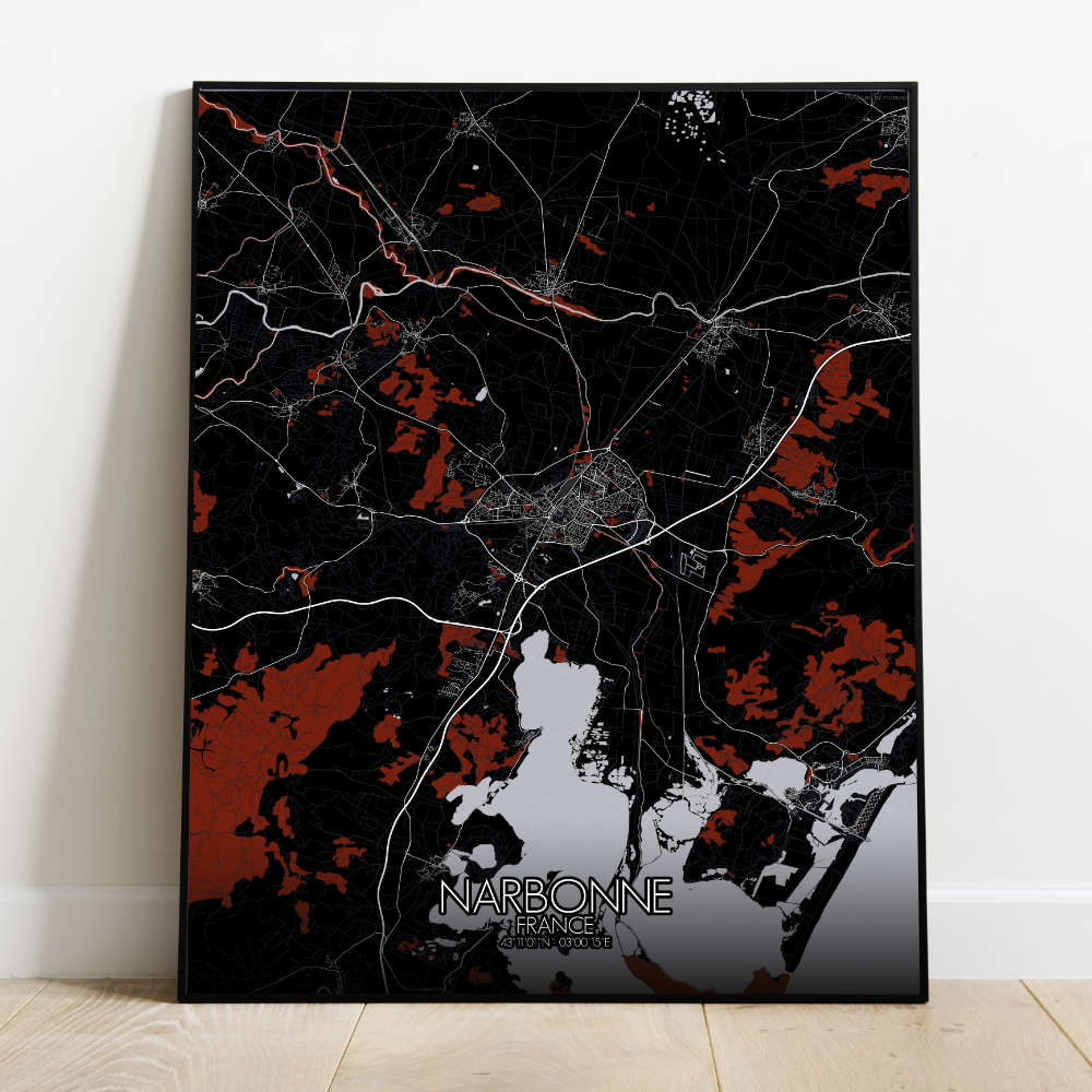 Mapospheres Narbonne Red dark full page design poster city map