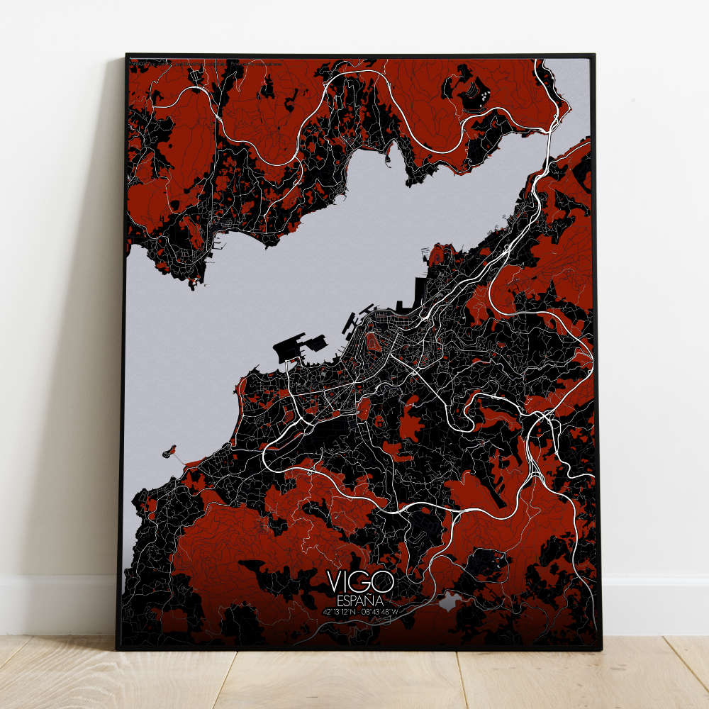 Mapospheres Vigo Red dark full page design poster  affichecity map