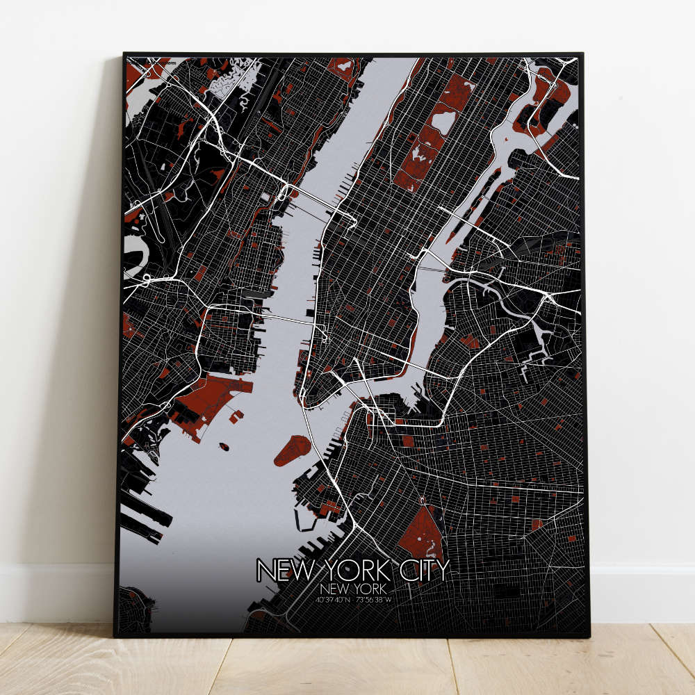 Mapospheres New York Red dark full page design poster  affichecity map