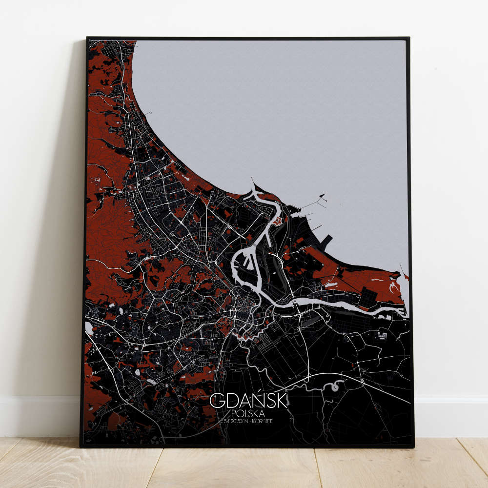 Mapospheres Gdansk Red dark full page design poster  affichecity map