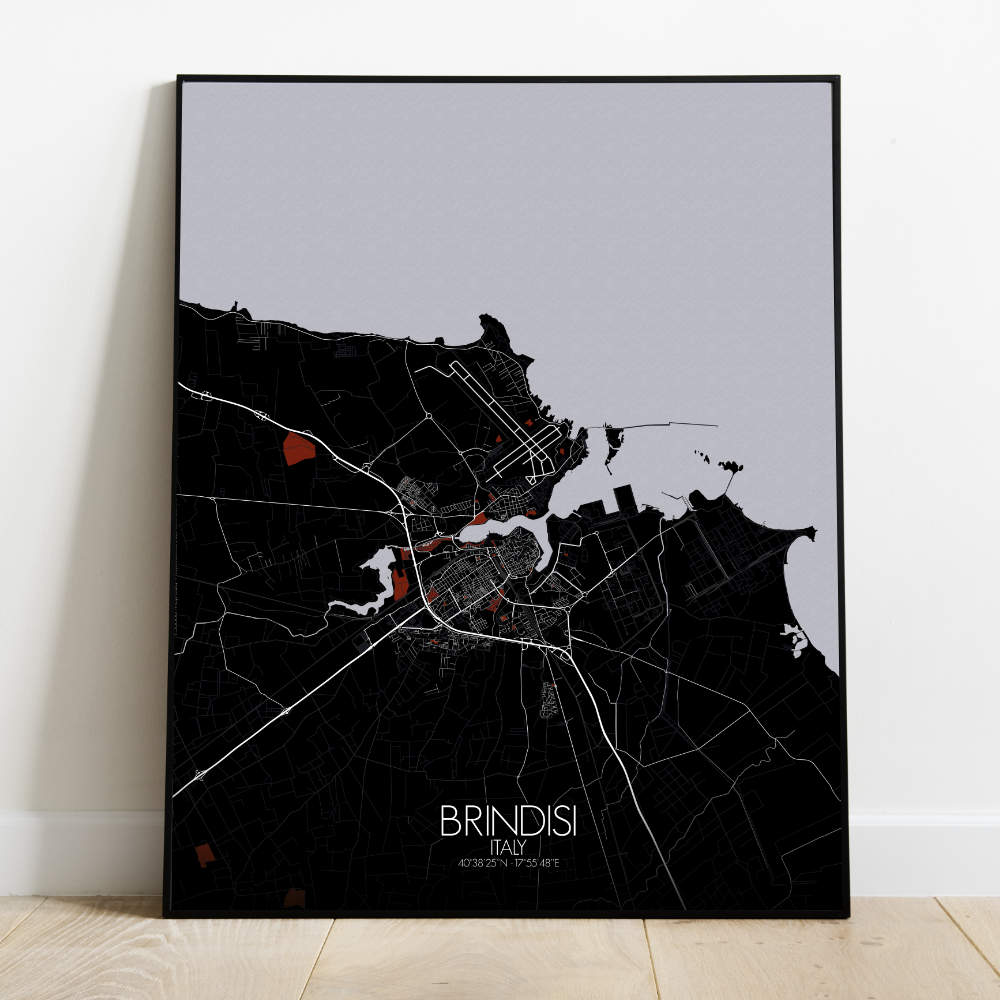 Mapospheres Brindisi Red dark full page design poster city map