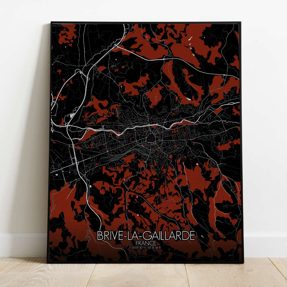 Mapospheres Brive Red dark full page design poster  affichecity map