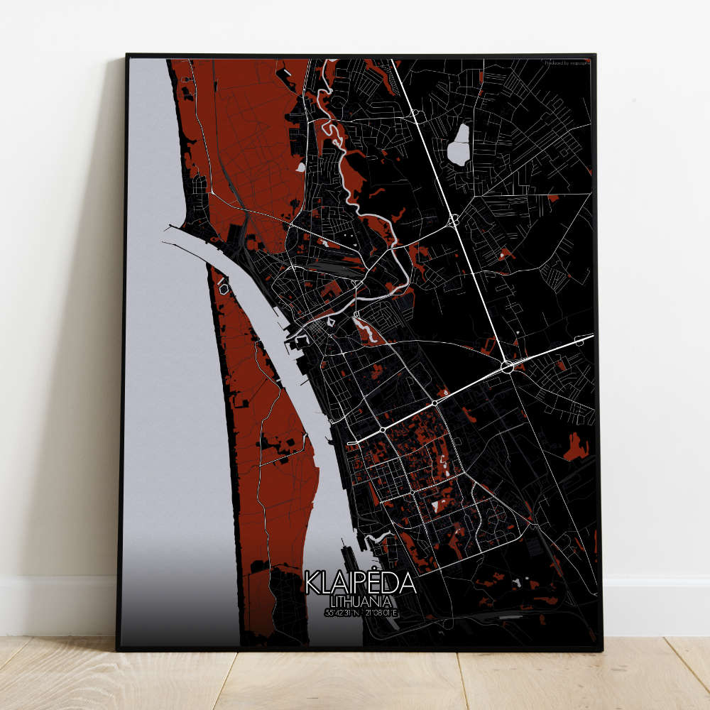 Mapospheres Klaipeda Red dark full page design poster city map