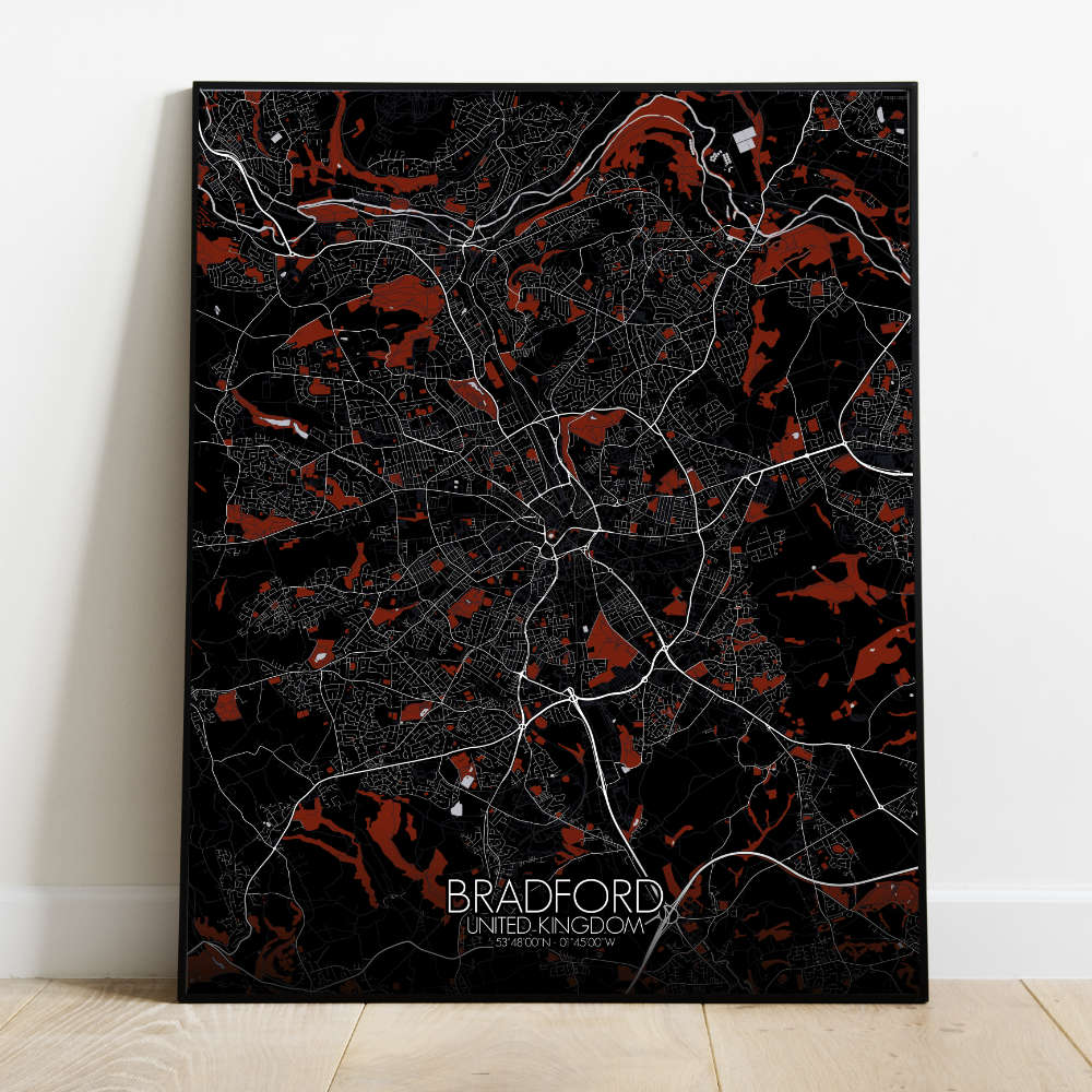 Mapospheres Bradford Red dark full page design poster city map