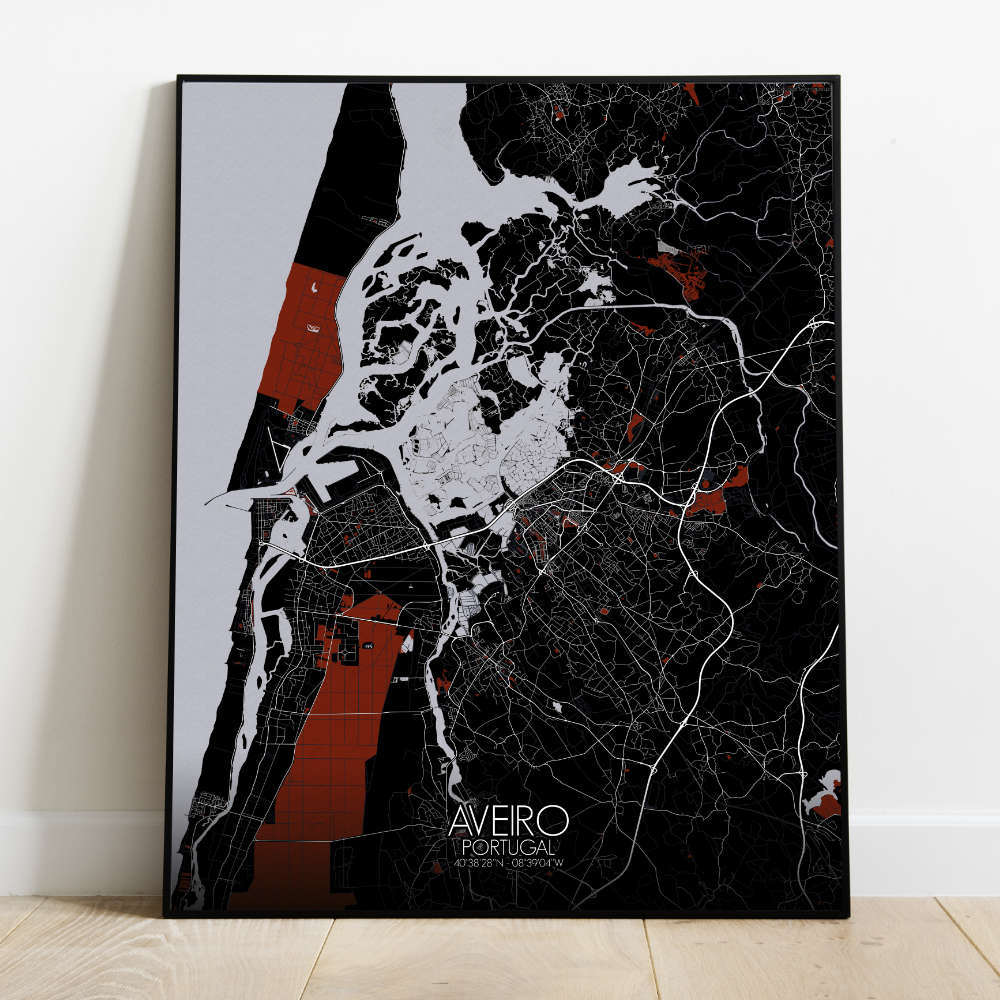 Mapospheres Aveiro Red dark full page design poster city map