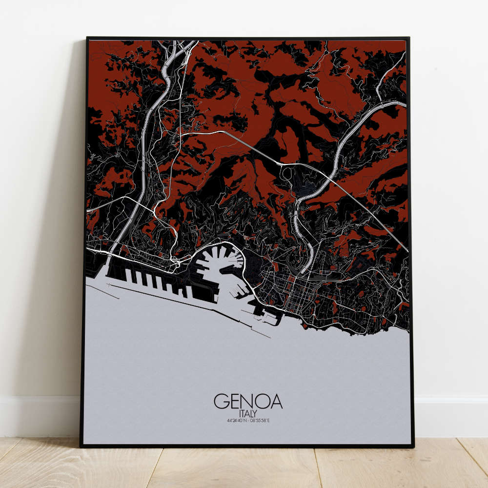 Mapospheres Genoa Red dark full page design poster city map