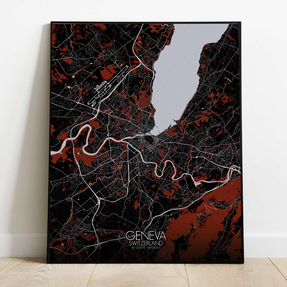Mapospheres Geneva Red dark full page design poster city map