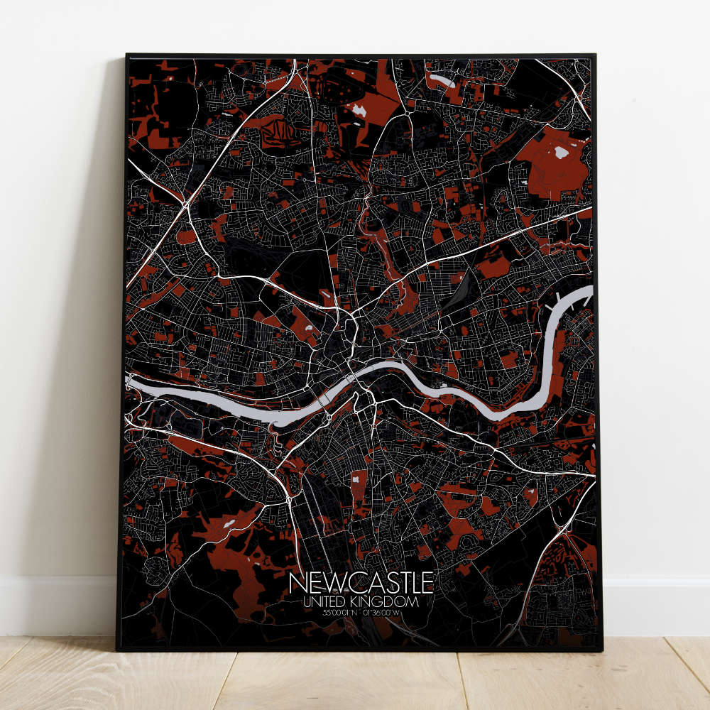 Mapospheres Newcastle Red dark full page design poster city map
