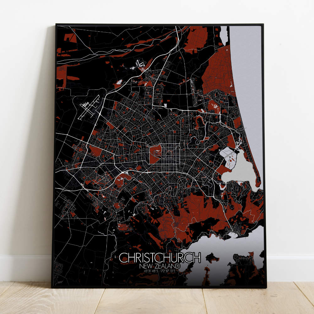 Mapospheres Christchurch Red dark full page design poster city map