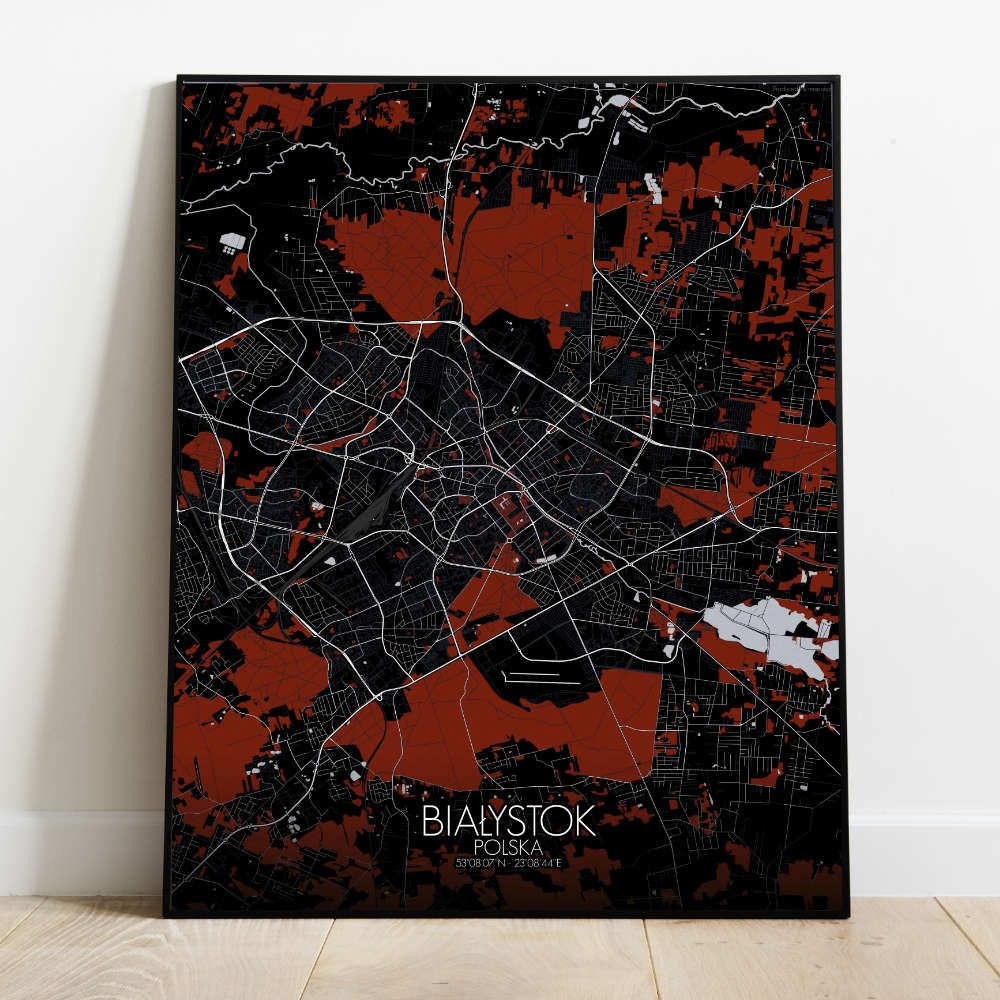 Mapospheres Bialystok Red dark full page design poster city map