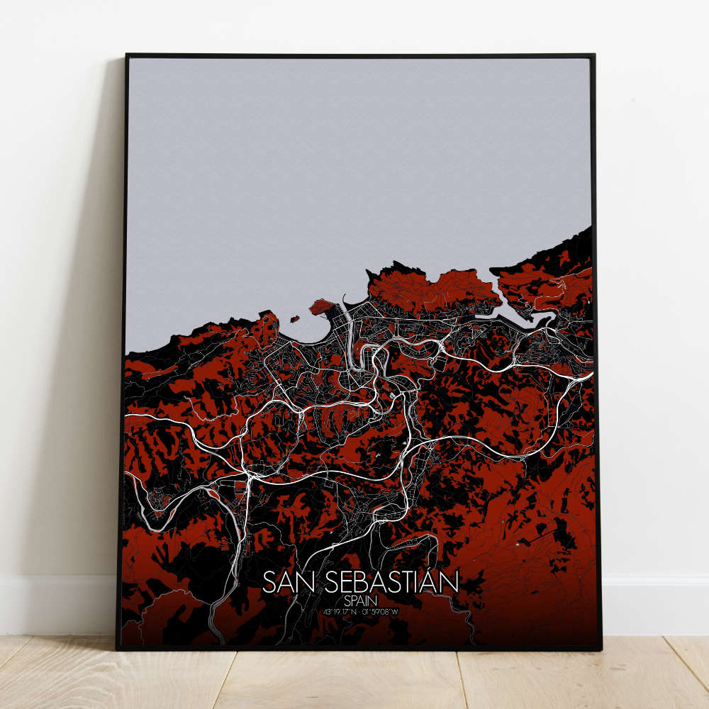 Mapospheres San Sebastian Red dark full page design poster  affichecity map