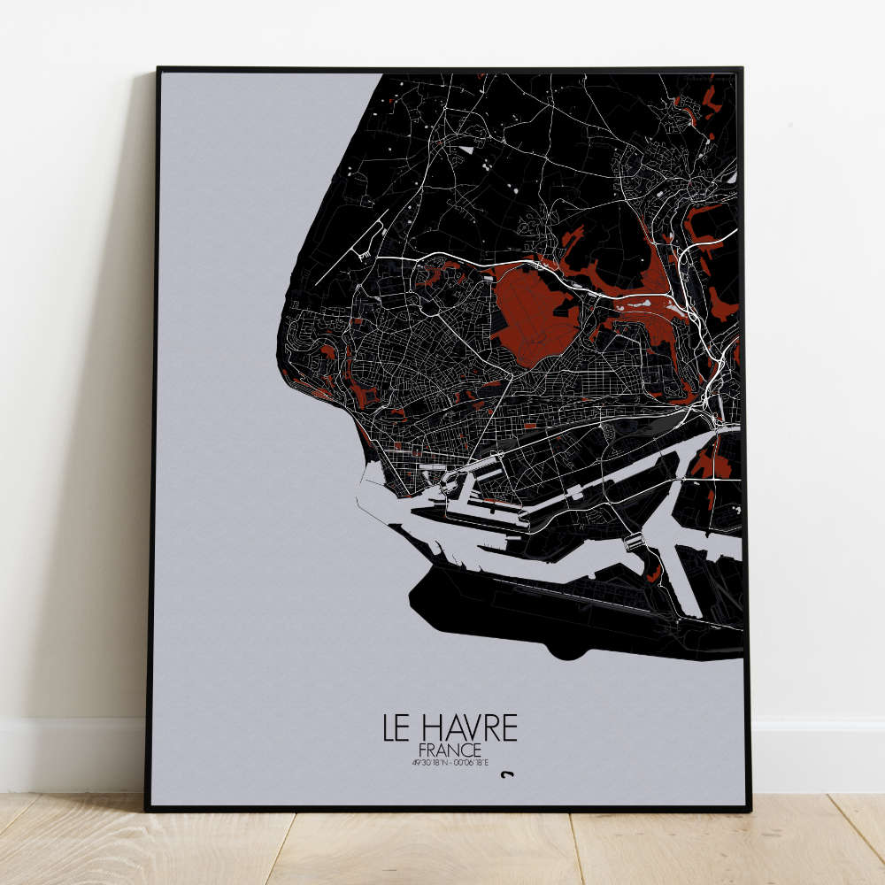 Mapospheres Le Havre Red dark full page design poster city map