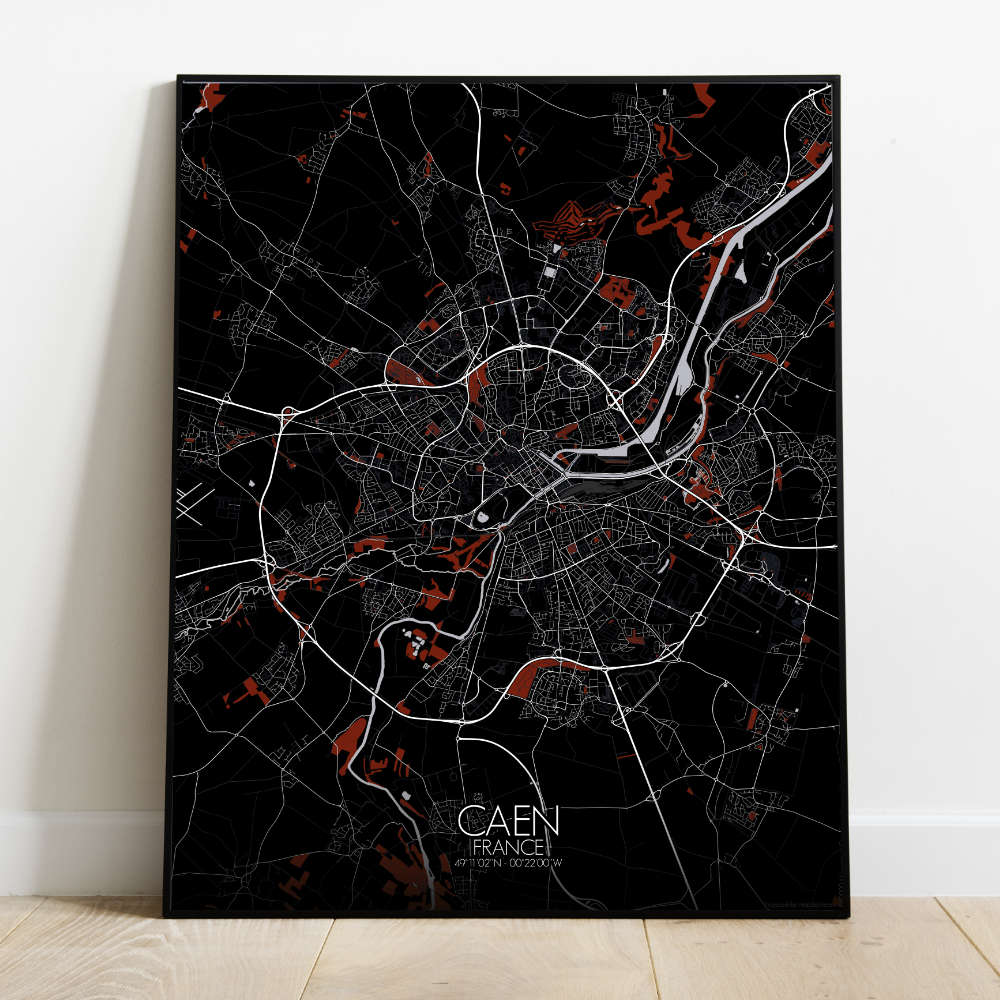 Mapospheres Caen Red dark full page design poster city map