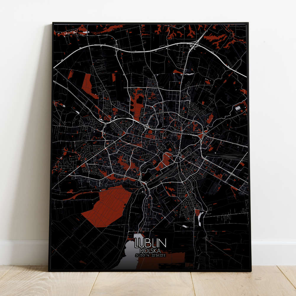 Mapospheres Lublin Red dark full page design poster city map