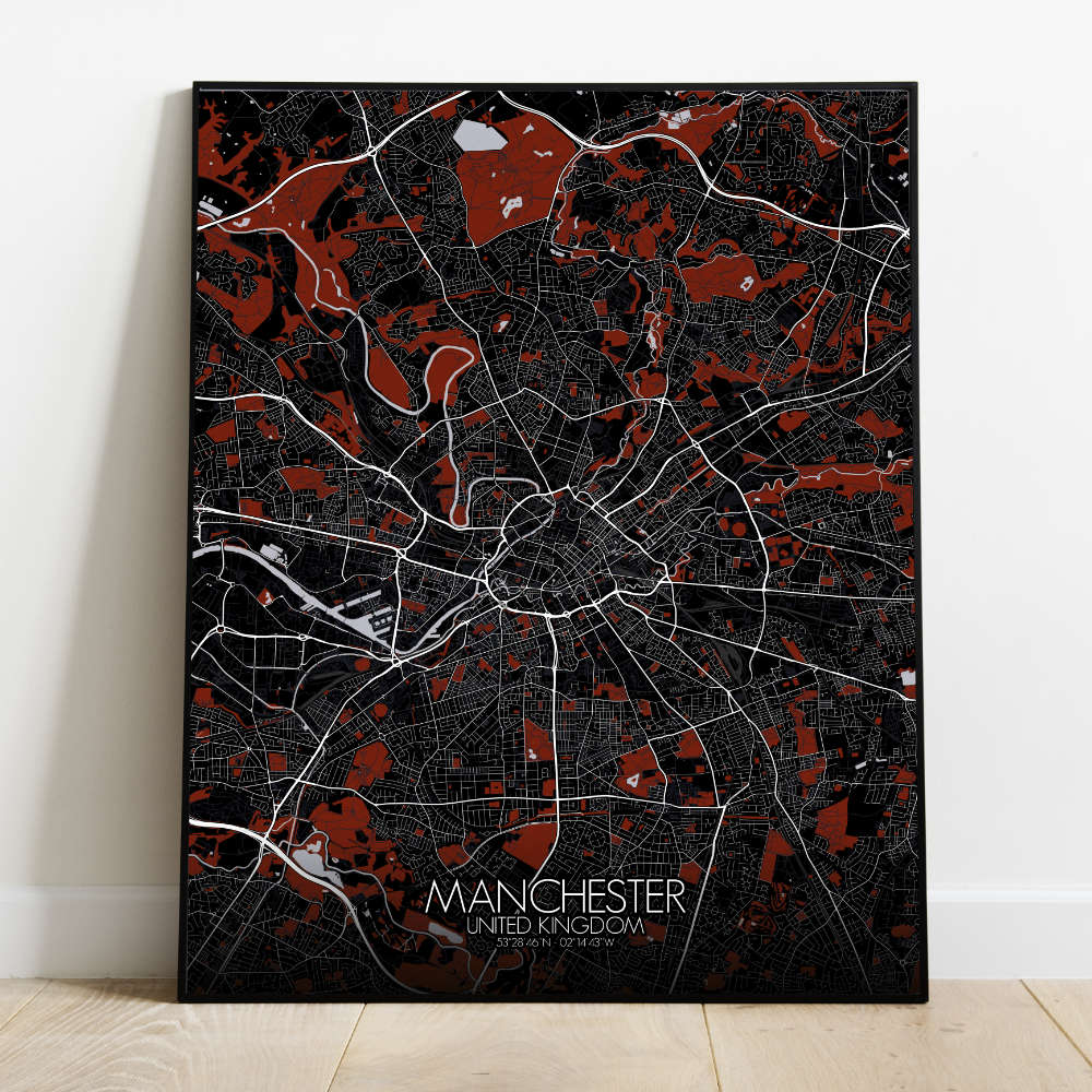 Mapospheres Manchester Red dark full page design poster city map
