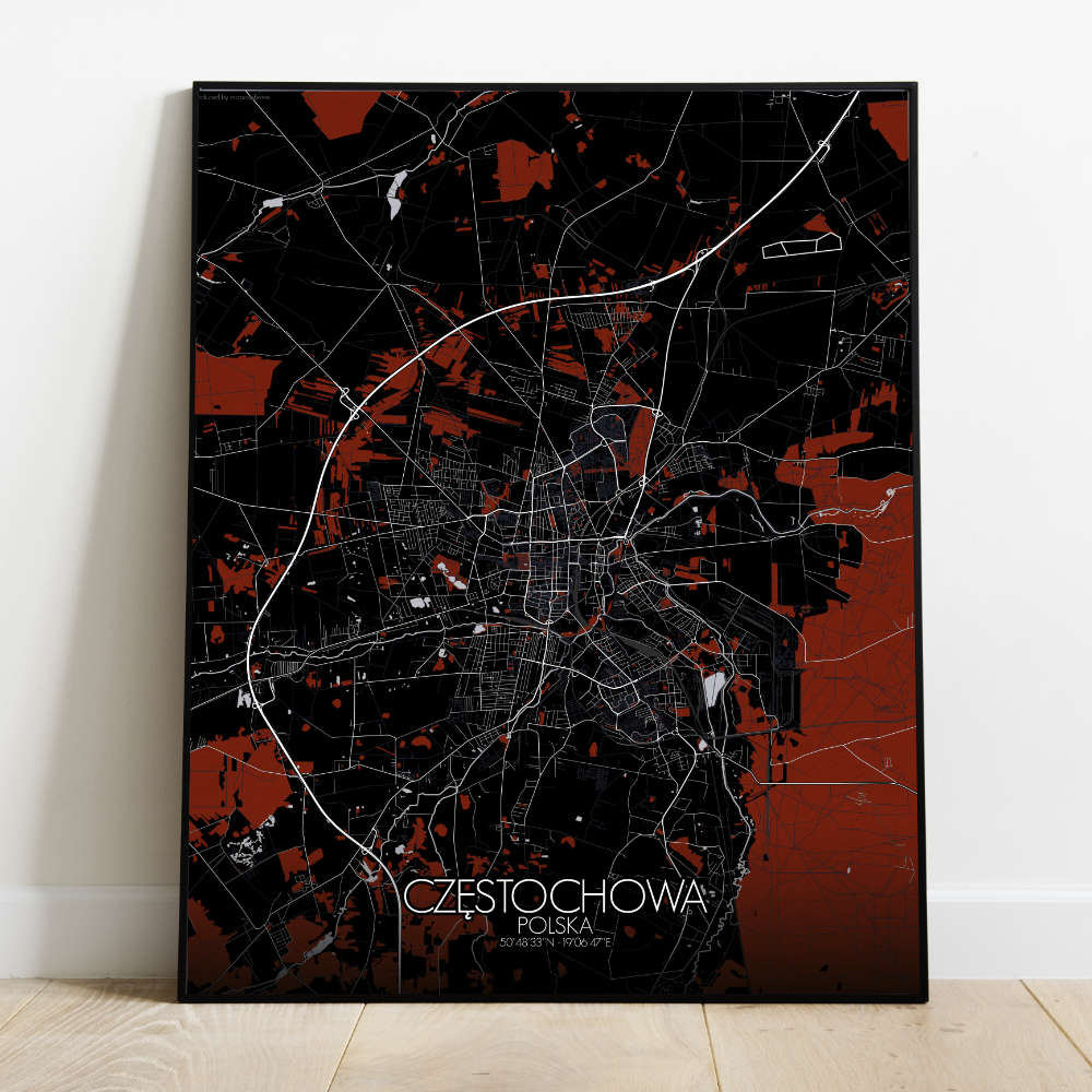 Mapospheres Czestochowa Red dark full page design poster city map