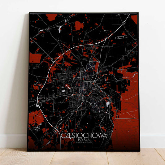 Mapospheres Czestochowa Red dark full page design poster city map
