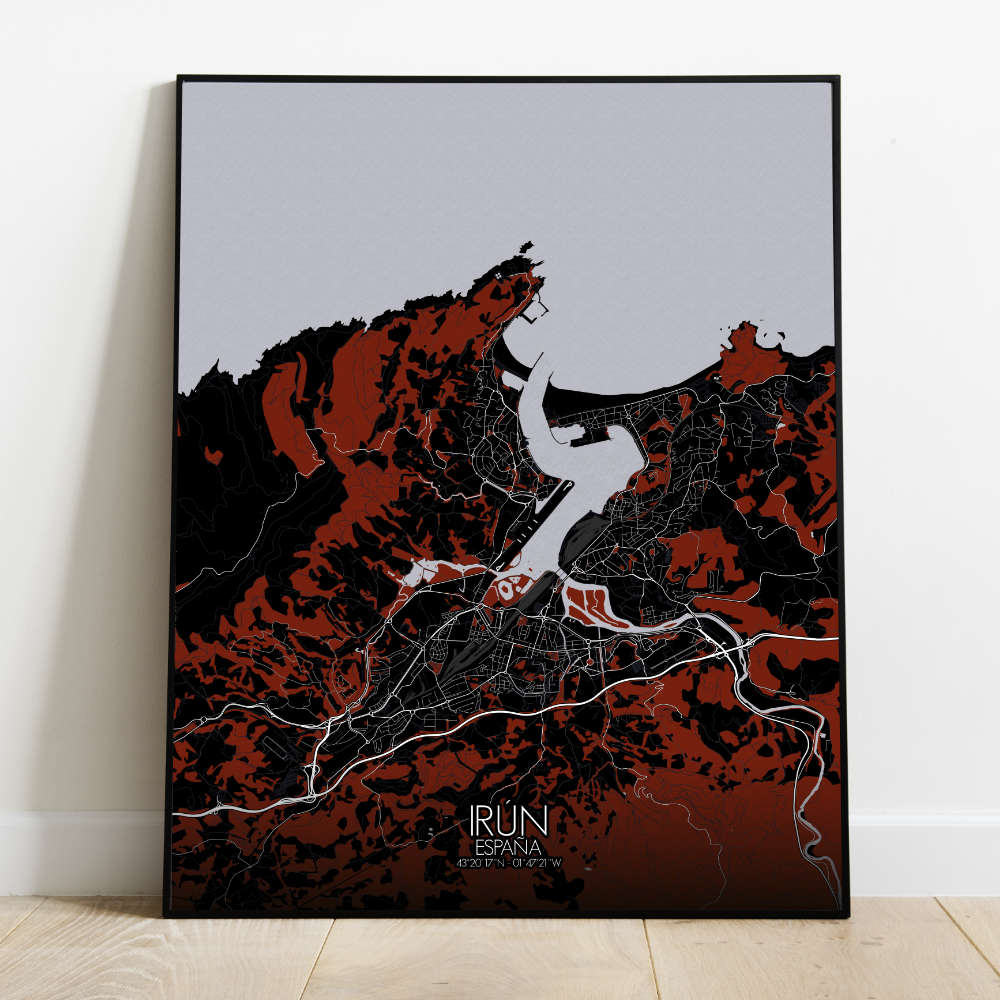 Mapospheres Irun Red dark full page design poster  affichecity map