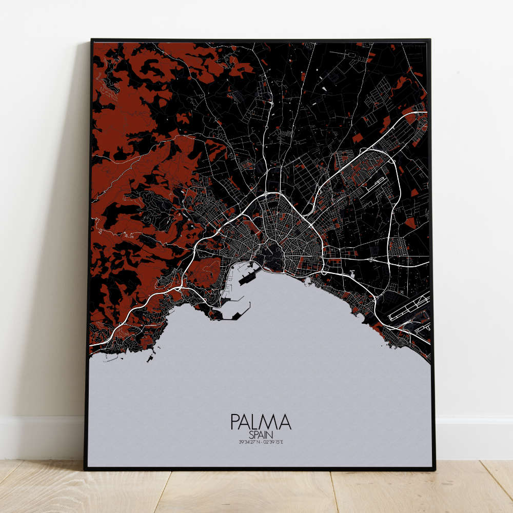 Mapospheres Palma Red dark full page design poster  affichecity map