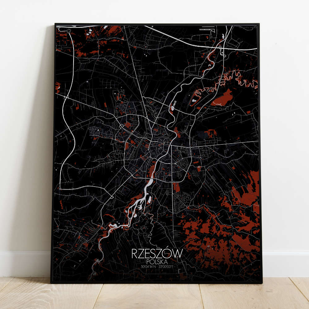 Mapospheres Rzeszow Red dark full page design poster city map