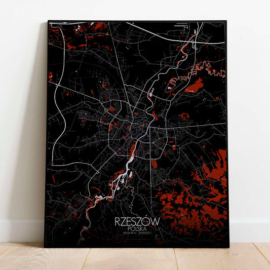 Mapospheres Rzeszow Red dark full page design poster city map