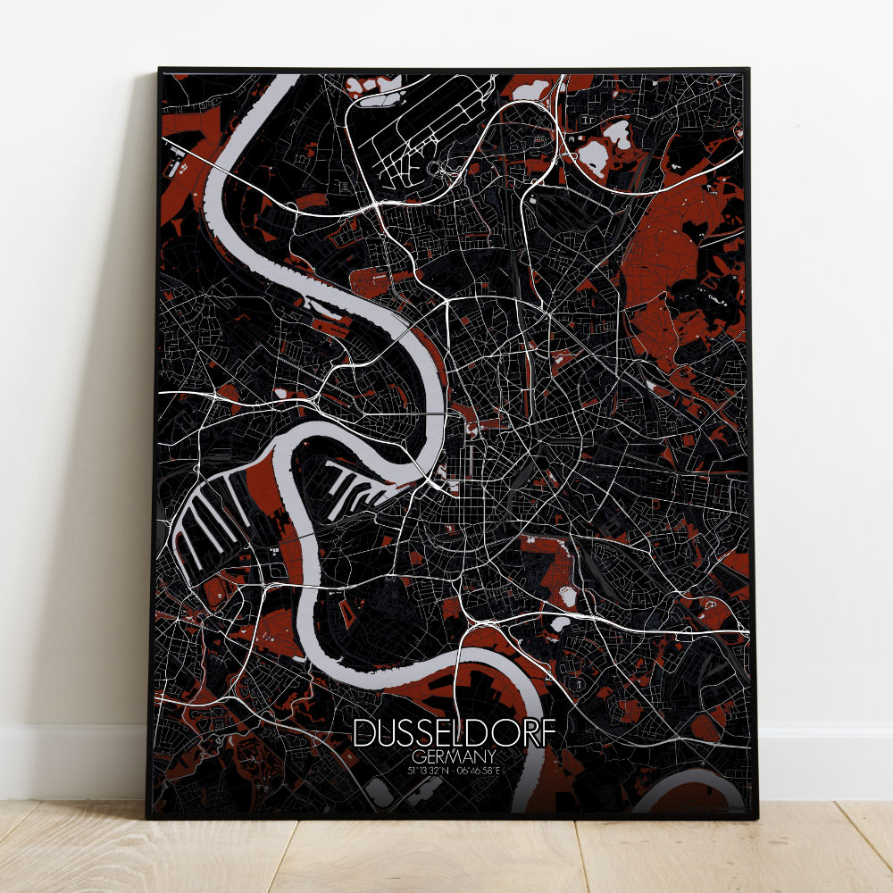 Mapospheres Dusseldorf Red dark full page design poster city map