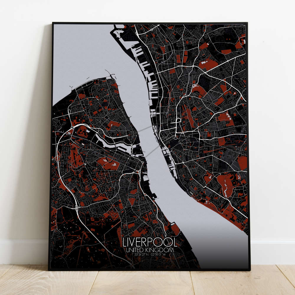 Mapospheres Liverpool Red dark full page design poster city map