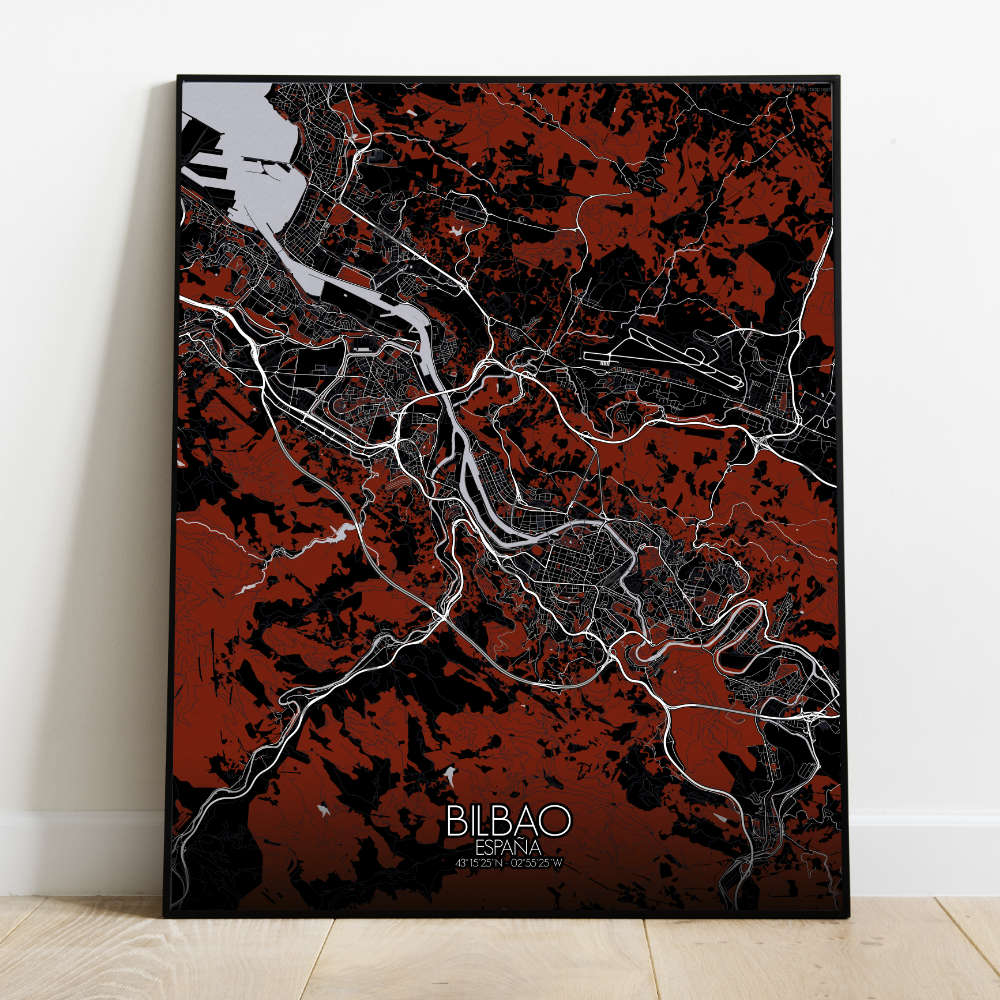 Mapospheres Bilbao Red dark full page design poster  affichecity map