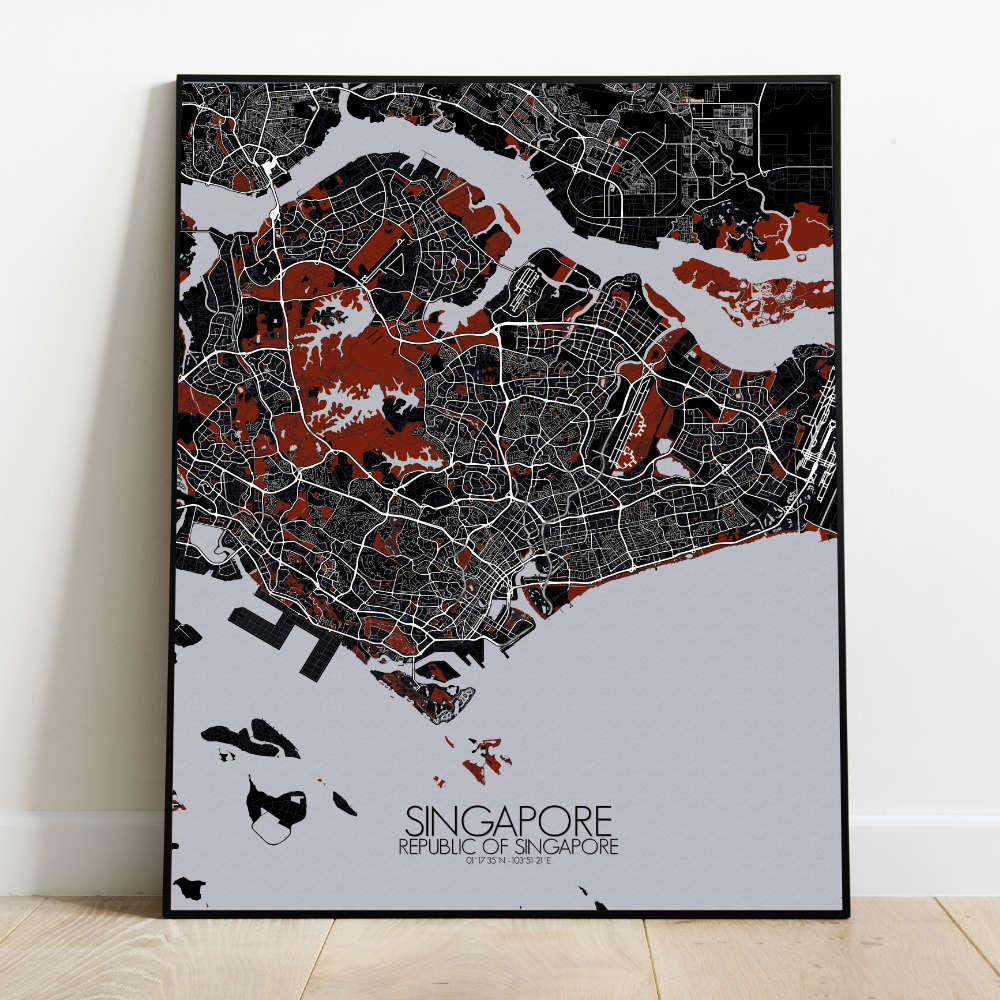Mapospheres Siingapore Red dark full page design poster city map