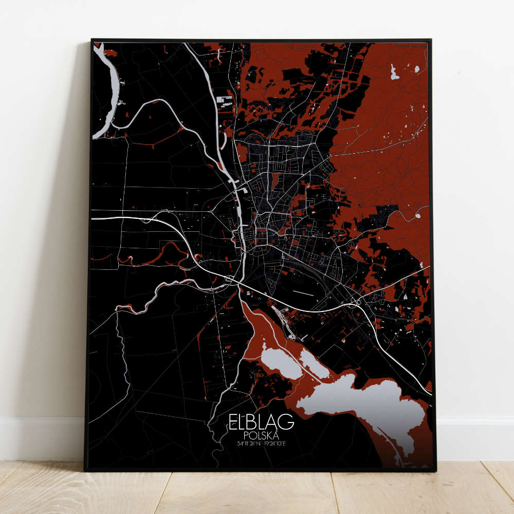 Mapospheres Elblag Red dark full page design poster city map