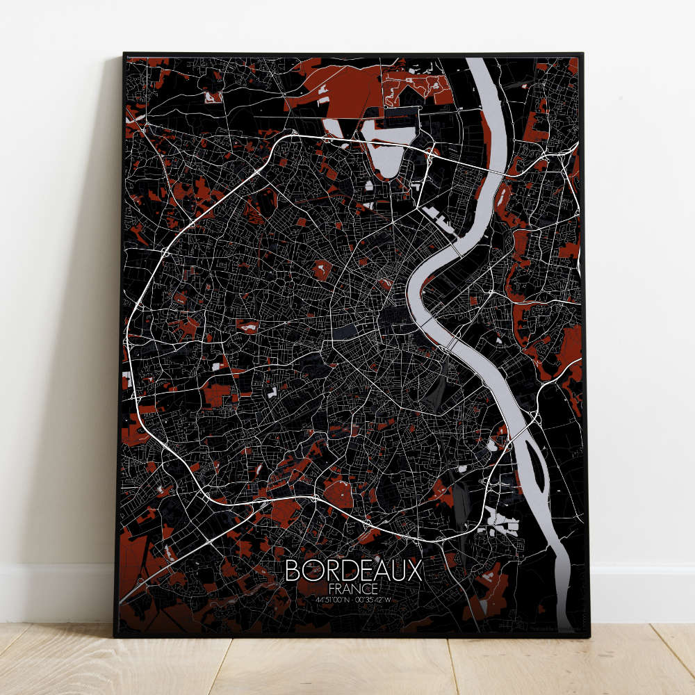 Mapospheres Bordeaux Red dark full page design poster city map