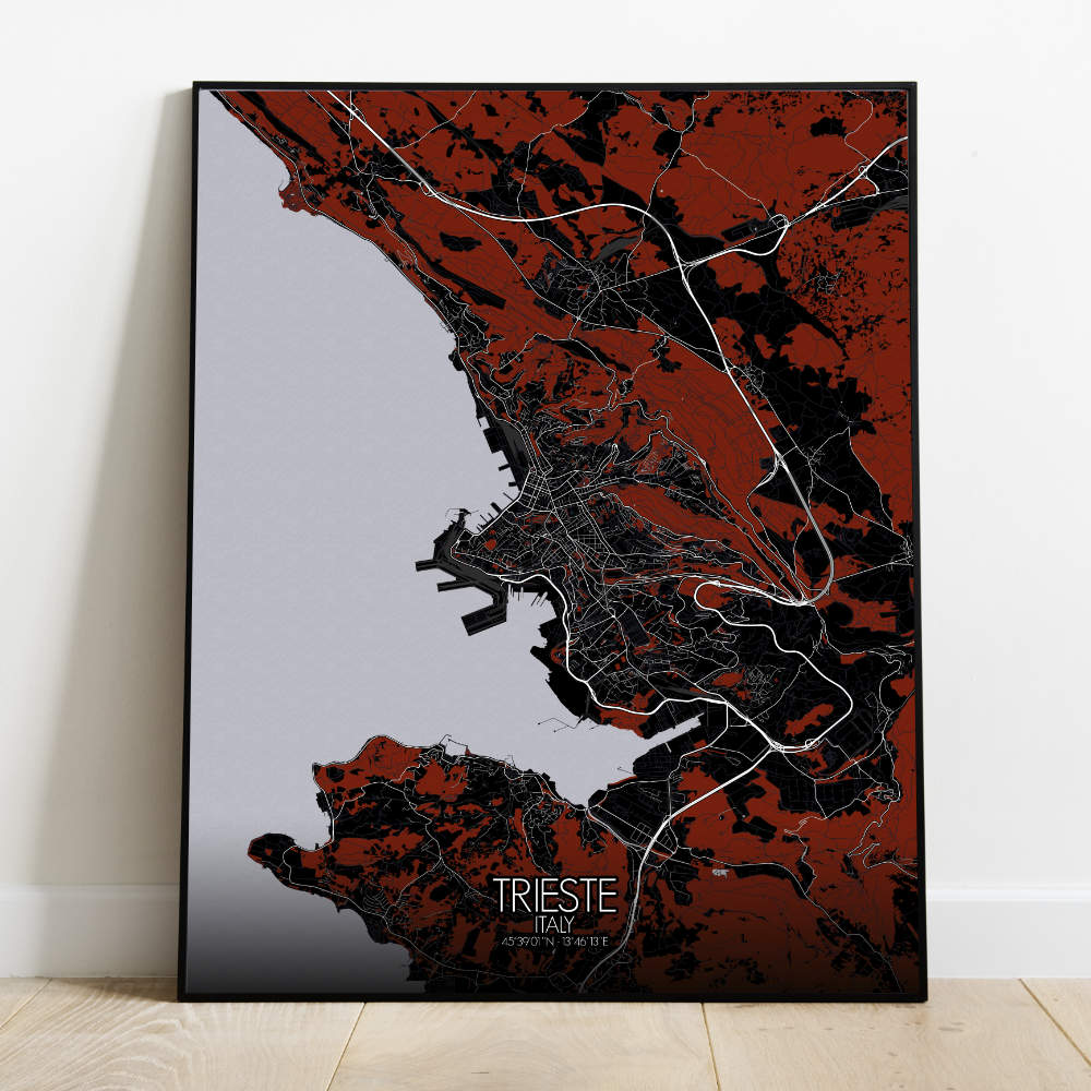 Mapospheres Trieste Red dark full page design poster  affichecity map