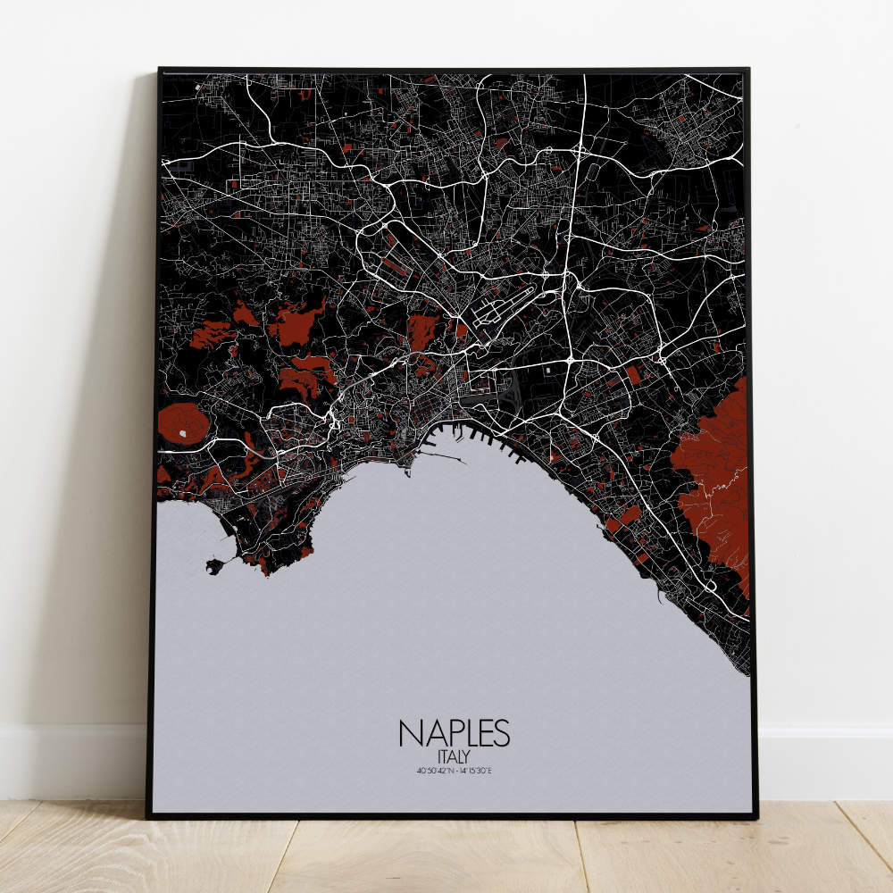 Mapospheres Naples Red dark full page design poster  affichecity map