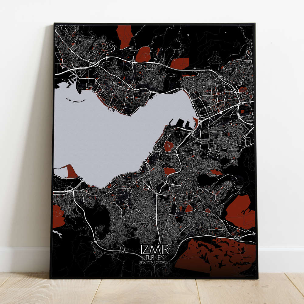 Mapospheres Izmir Red dark full page design poster city map
