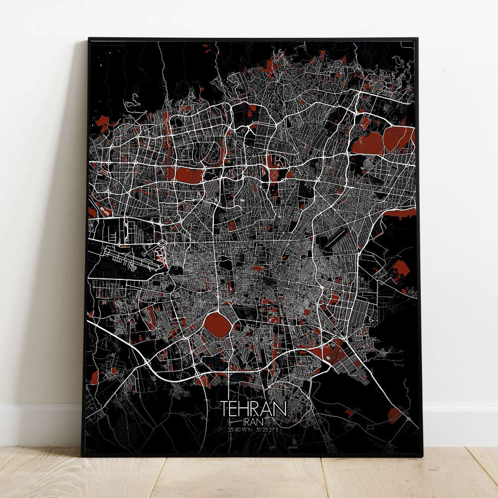 Mapospheres Tehran Red dark full page design poster city map