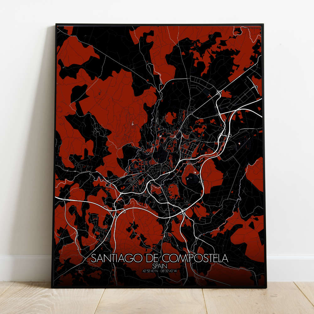 Mapospheres Santiago Red dark full page design poster  affichecity map
