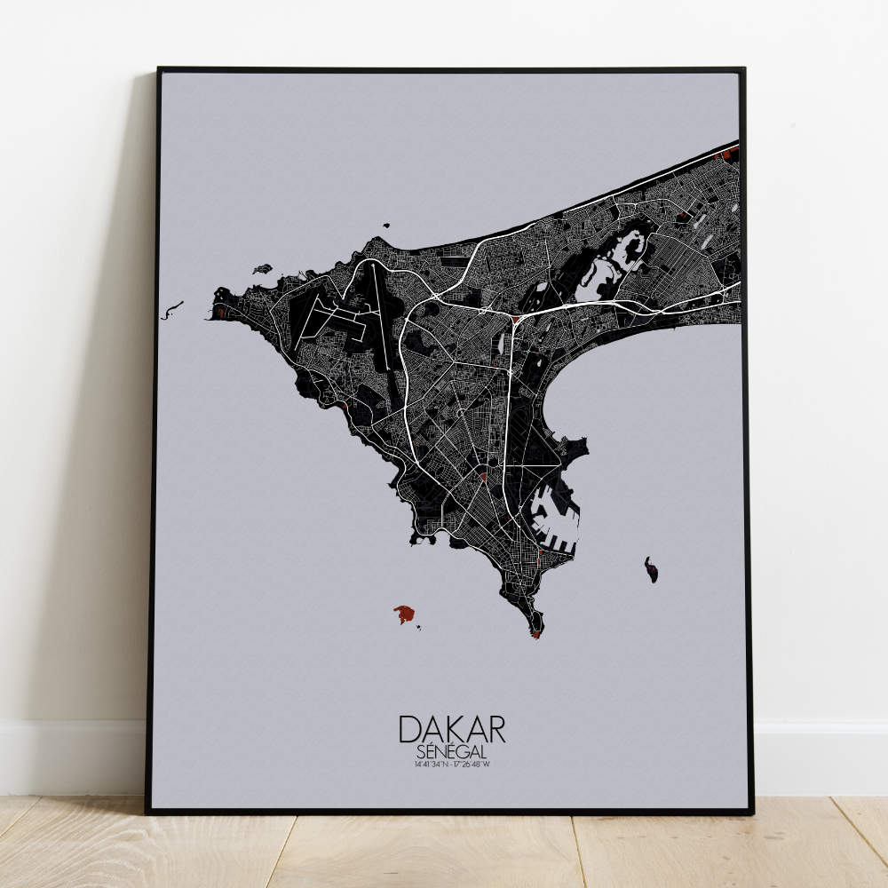 Mapospheres Dakar Red dark full page design poster  affichecity map