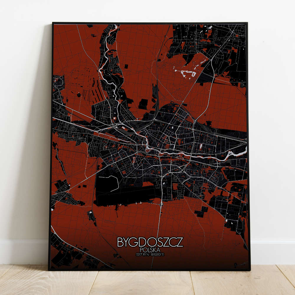 Mapospheres Bygdoszcz Red dark full page design poster city map