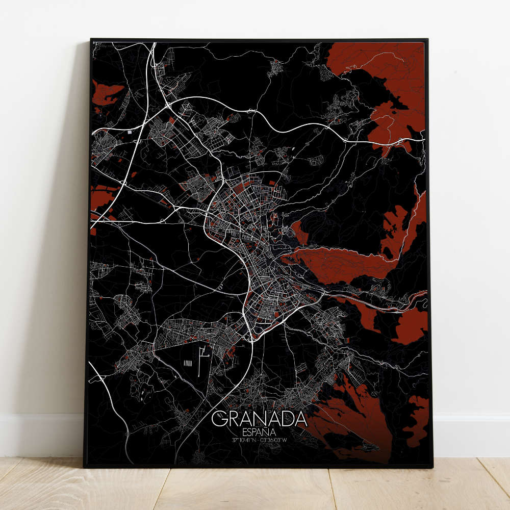Mapospheres Granada Red dark full page design poster  affichecity map