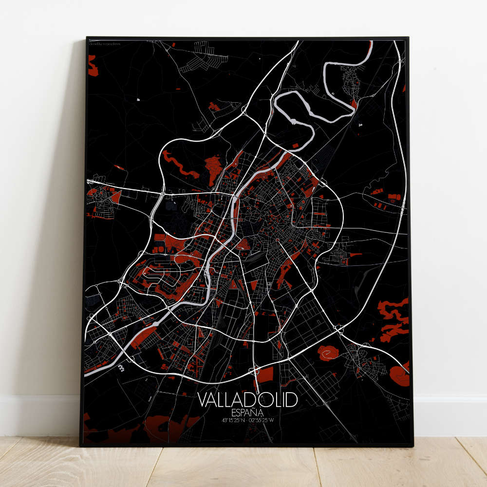Mapospheres Valladolid Red dark full page design poster  affichecity map