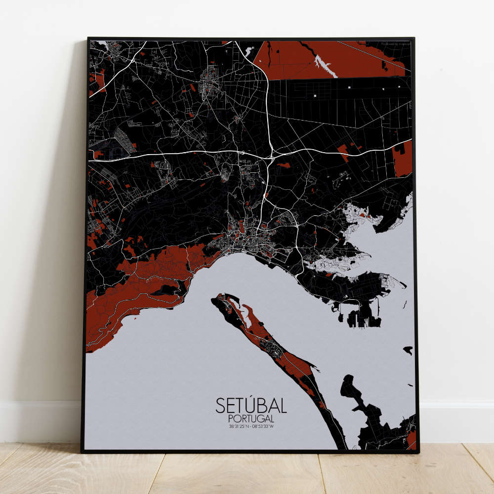 Mapospheres Setubal Red dark full page design poster city map