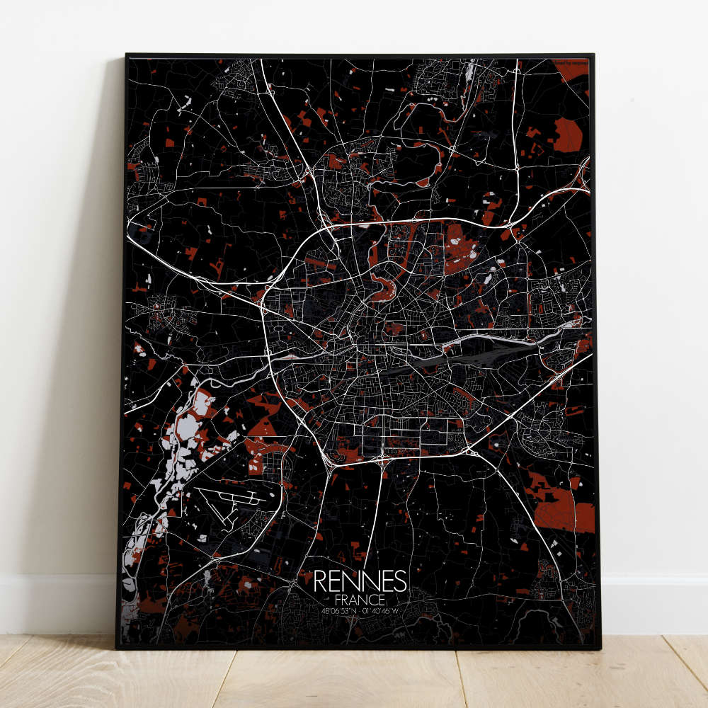 Mapospheres Rennes Red dark full page design poster city map