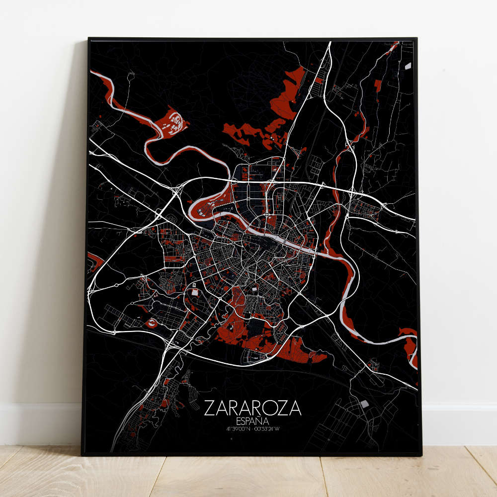 Mapospheres Zaragoza Red dark full page design poster  affichecity map