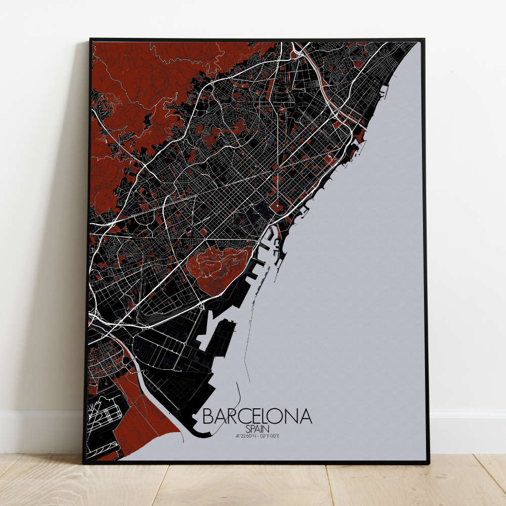 Mapospheres Barcelona Red dark full page design poster  affichecity map