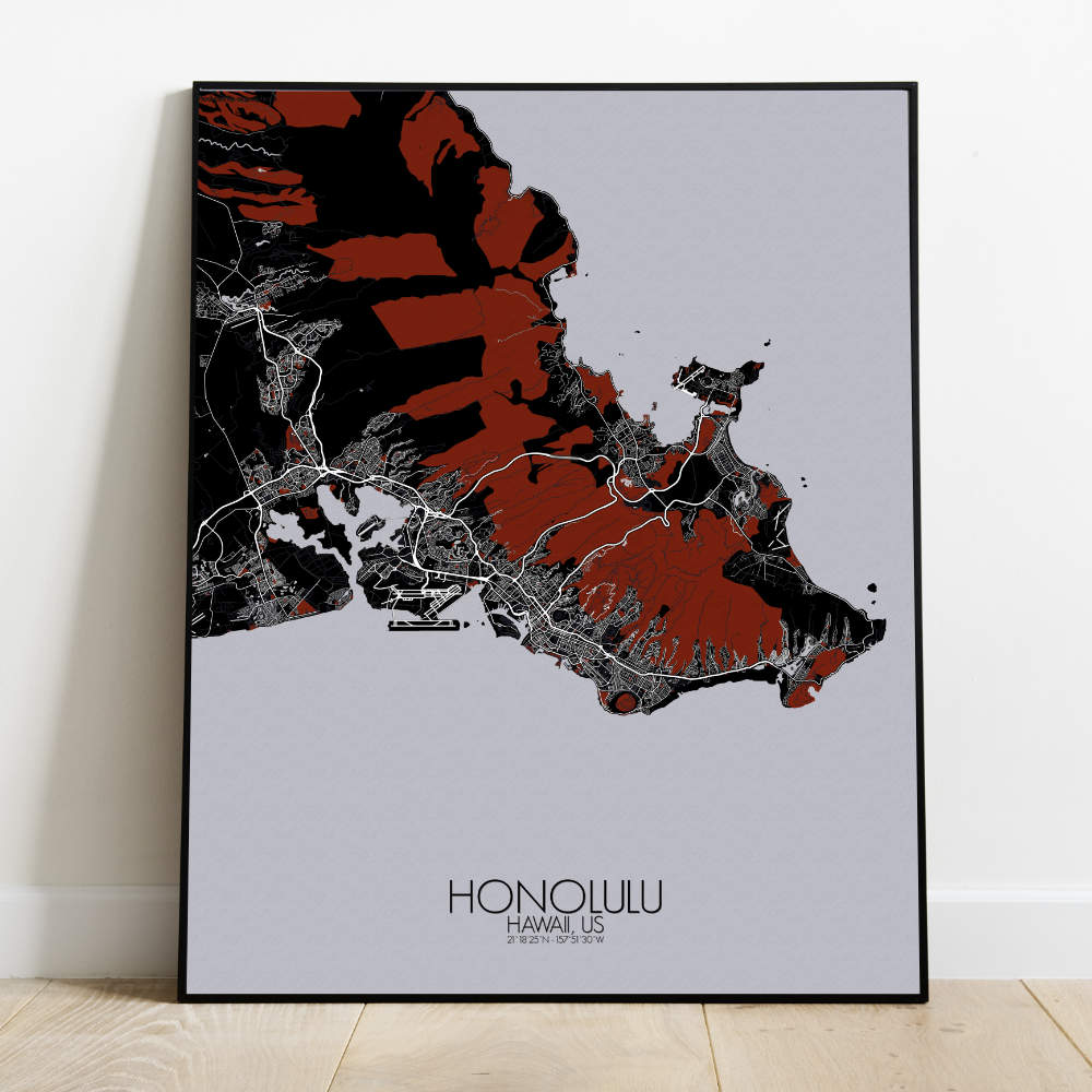Mapospheres Honolulu Red dark full page design poster city map