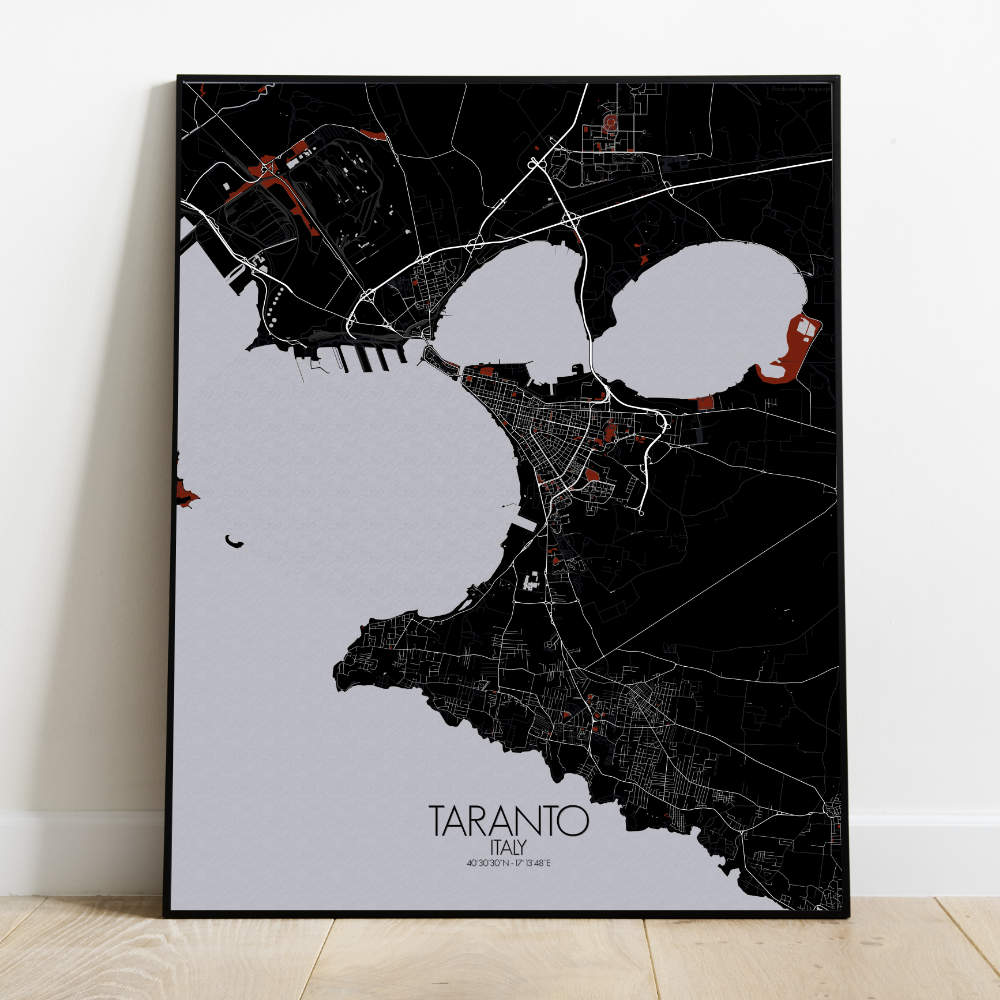 Mapospheres Taranto Red dark full page design poster city map