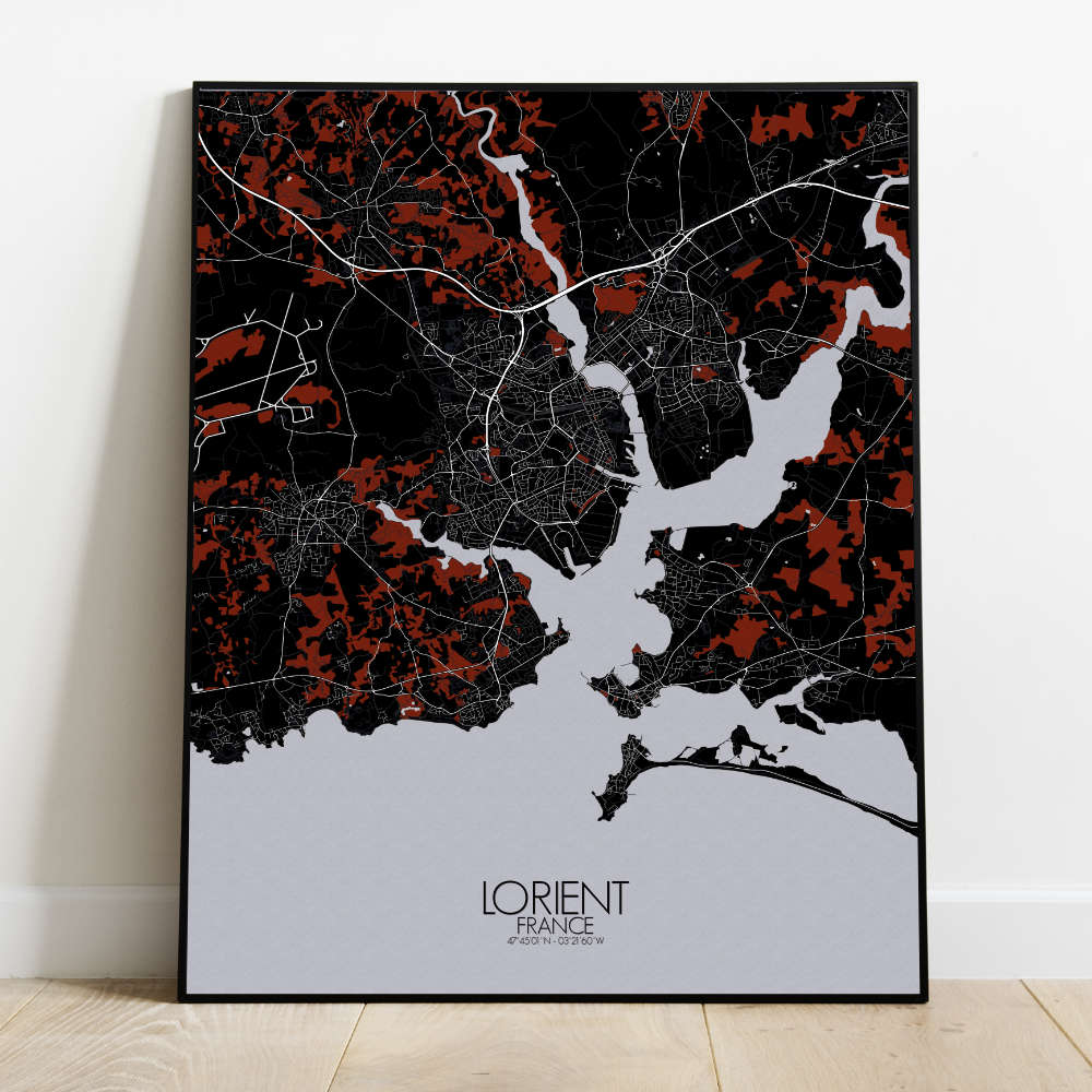 Mapospheres Lorient Red dark full page design poster city map