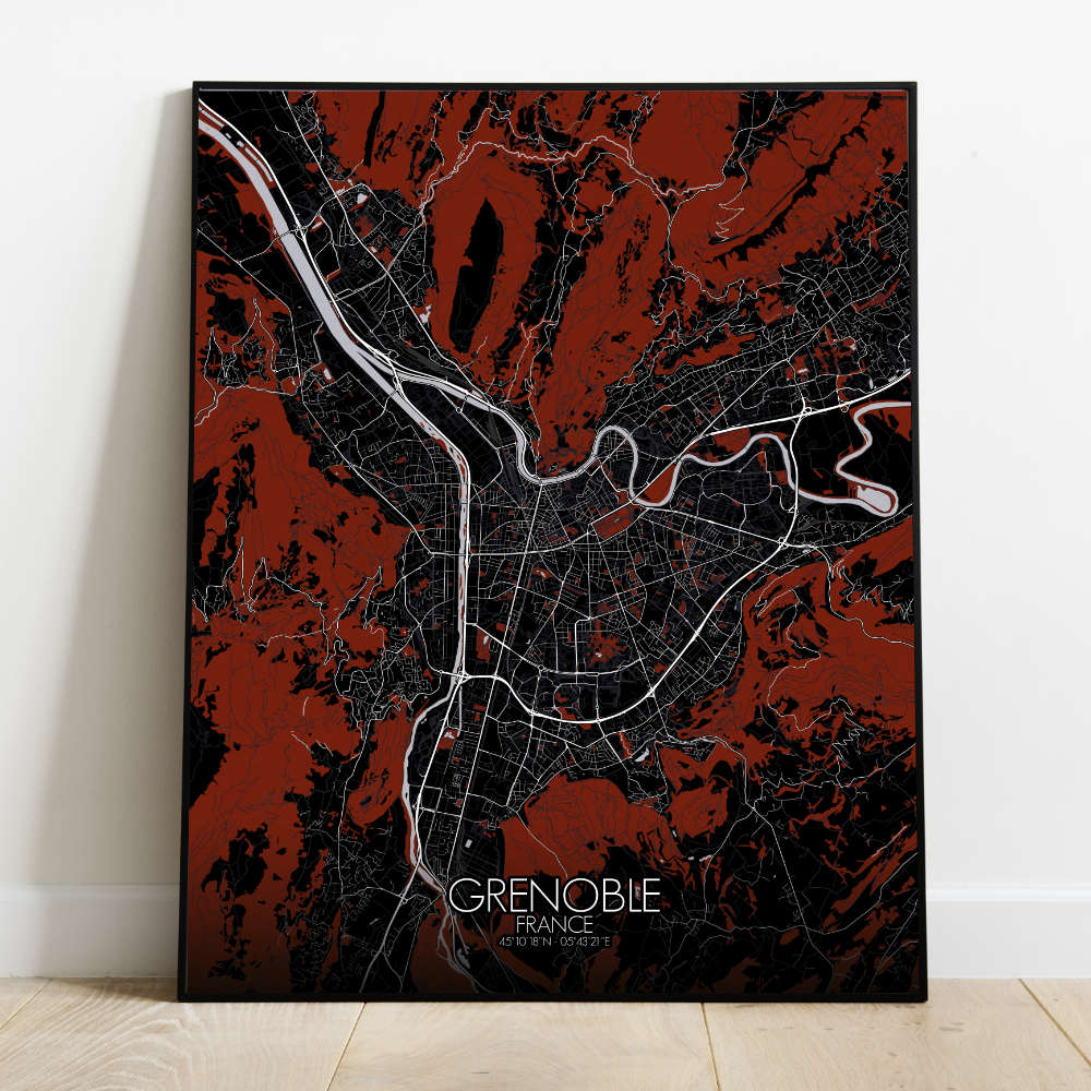 Mapospheres Grenoble Red dark full page design poster city map